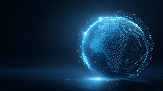 Futuristic blue Earth map with animated node connections, digital globe, glowing network, technology, data visualization, and global communication concept - Powered by Adobe