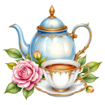 Elegant Tea Set with Rose Flowers on a Transparent background