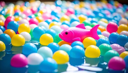 Pink toy fish floating among colorful plastic balls in sunlit outdoor water scene.