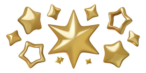 Gold 3d stars vector elements collection. Different star shapes and holiday sparkles isolated on white background.