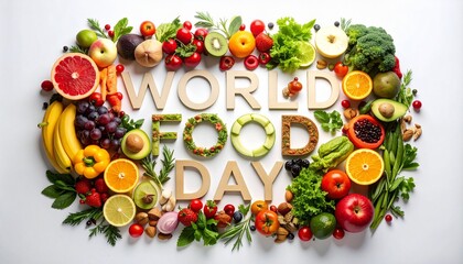 Colorful assortment of fruits and vegetables arranged around bold “WORLD FOOD DAY” text, celebrating global food diversity and nutrition.