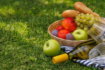 Picnic with wine, fruits, and baguette on a green meadow