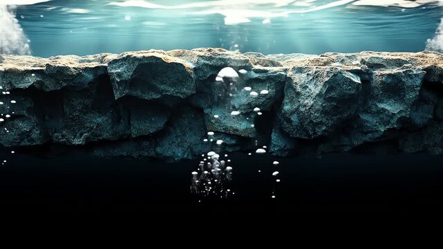 Submerged rocky overhang with rising bubbles partially sunlit