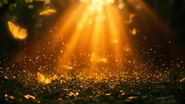 Sunbeams shining on a green grassy patch with illuminated dust motes in the light