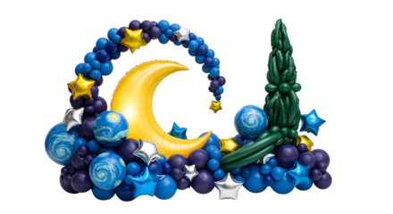 Starry night-themed balloon decor set, isolated on white background