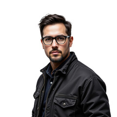 Fototapeta premium Young Man in Black Jacket with Stylish Glasses on Transparent background