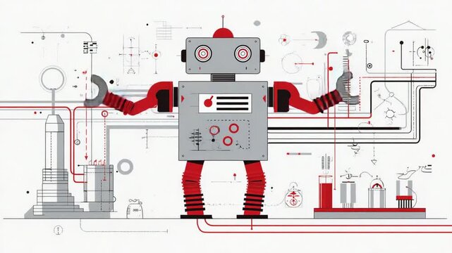 Abstract robot drawing with mechanical elements, red and black lines, and circular patterns