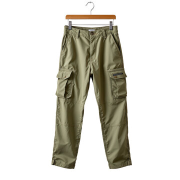 Lightweight Cargo Pants Hanging on a Wooden Hanger in Studio Light