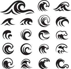 Obraz premium Assortment of 16 Diverse Black and White Ocean Wave Graphics and Emblems water surf