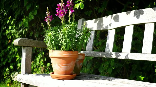 Two potted snapdragons sit on a white park bench dappled with sunlight against a green leafy background