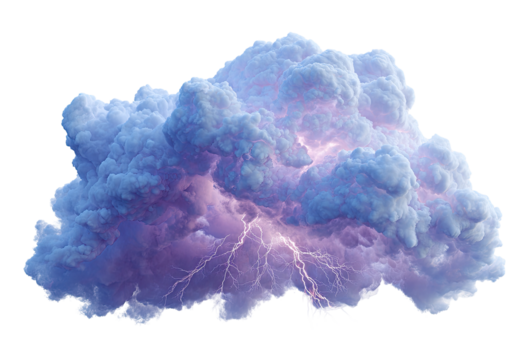 Massive storm cloud, vibrant purple-blue hues, intense lightning