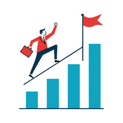 Businessman climbing success graph towards red flag