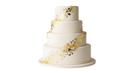 Three-tier birthday cake with gold leaf, isolated on white background
