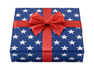 Fototapeta premium American flag themed gift box wrapped in stars and stripes with a red ribbon and bow isolated on transparent background