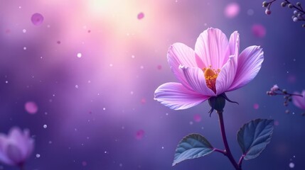 A Delicate Pink Flower Blossom in a Dreamlike Purple and Pink Setting with Soft Light and Falling Petals
