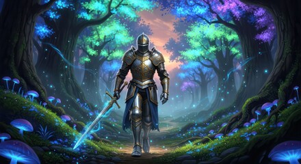 Knight in shining armor strides through a magical forest with glowing mushrooms