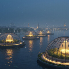 Obraz premium Floating domes on the water at night with city skyline in the background
