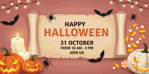 Halloween party invitation with pumpkins, candy corn, bats, candles, spiders, and scroll banner, perfect spooky event background design
