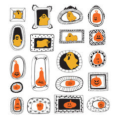Cute pumpkins in ghosts characters in vintage frames set. Portraits of pumpkins and ghosts. Autumn pumpkins and ghosts set isolated on white background. Pictures for Halloween cards. Vector