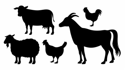 Fototapeta premium Silhouette illustration displaying several farm animals including a cow goat sheep and two chickens | editable eps vectors