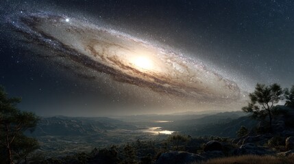 Fototapeta premium Sweeping galaxy view over a hazy valley from a rocky hill with trees and stars