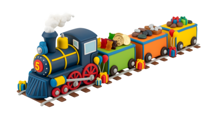 Toy train cake for children’s birthday, isolated on white background