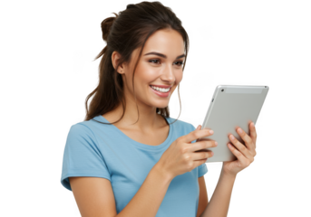 Smiling woman engaged with digital tablet technology in a professional setting transparent background