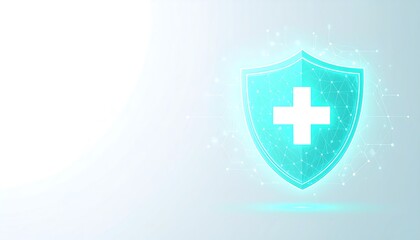 Obraz premium A light teal shield, intricately detailed with a network of lines and dots, displays a white plus sign, symbolizing protection and security against a light gray background.