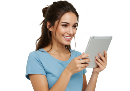 Smiling woman engaged with digital tablet technology in a professional setting transparent background