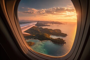 Panoramic sunset view from airplane window over tropical islands