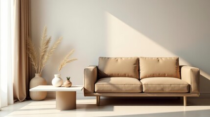 Serene Living Room Interior Design Featuring a Beige Sofa and Natural Decor Elements