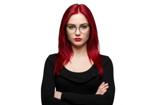 Young woman with vibrant red hair and glasses shows determined expression transparent background