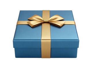 A blue gift box with a golden ribbon and bow isolated on transparent background