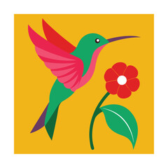 Obraz premium Hummingbird hovering near a red flower on yellow background