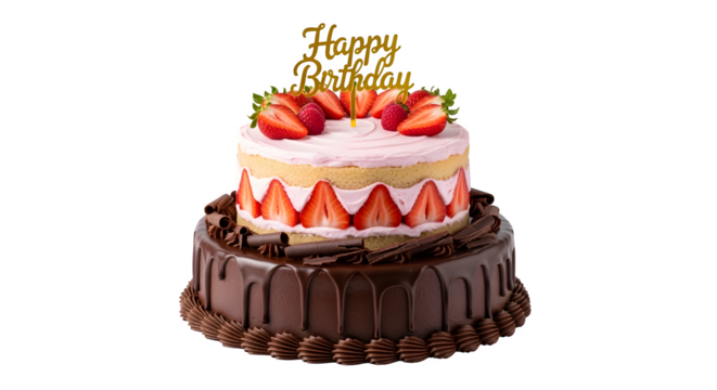 Two-tier chocolate and strawberry birthday cake, isolated on white background - Powered by Adobe