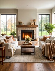 Fototapeta premium Cozy living room with fireplace and large windows