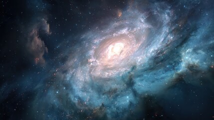 Obraz premium A mesmerizing spiral galaxy, swirling with cosmic dust and gas, illuminated by a bright core. Distant stars and nebulae create a breathtaking celestial scene