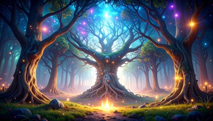 Mystical forest with glowing trees