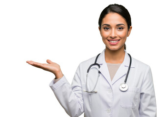 Smiling female doctor in white coat presenting with open palm towards audience transparent background