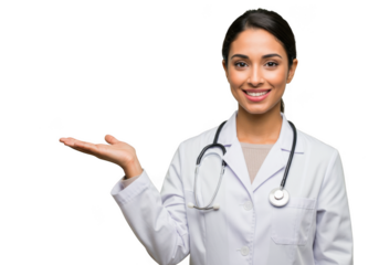 Smiling female doctor in white coat presenting with open palm towards audience transparent background
