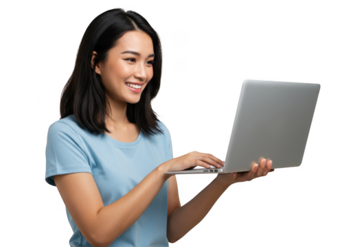 Young asian woman smiling while using a laptop computer for work or study transparent background