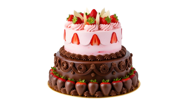 Two-tier chocolate and strawberry birthday cake, isolated on white background - Powered by Adobe