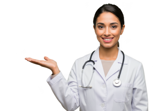 Smiling female doctor in white coat presenting with open palm towards audience transparent background