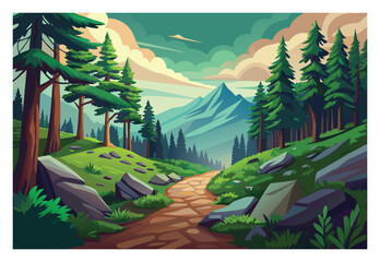 Naklejka premium Scenic Mountain Trail Through Forest with Evergreen Trees and Cloudy Sky Landscape Illustration