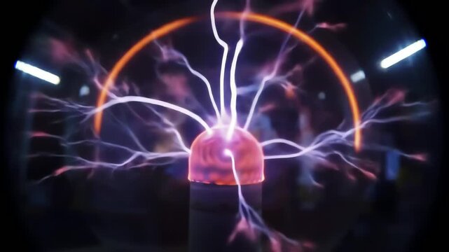 A plasma ball glows with electrical filaments branching out from a central electrode surrounded by a luminous orange ring