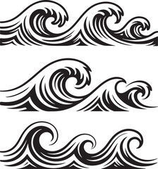 Three Rows of Stylized Black and White Ocean Waves water