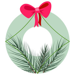 Vector Christmas wreath featuring lush pine branches arranged in a green circular frame, topped with a bright red festive bow. Perfect for holiday cards, seasonal decor, and winter celebrations.