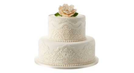 Vintage lace design fondant birthday cake, isolated on white background
