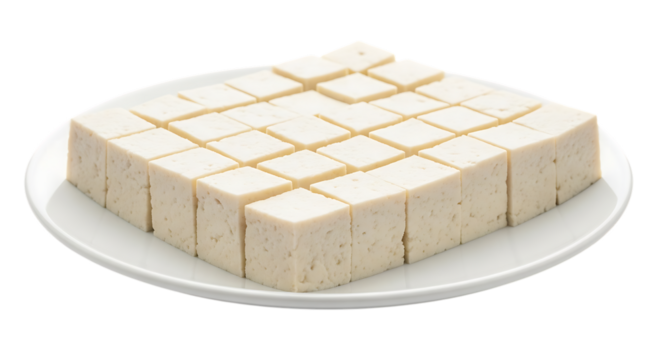 Photo of square block of tofu cut into small cubes on a white plate isolated on transparent background, a healthy and versatile ingredient for vegan meals