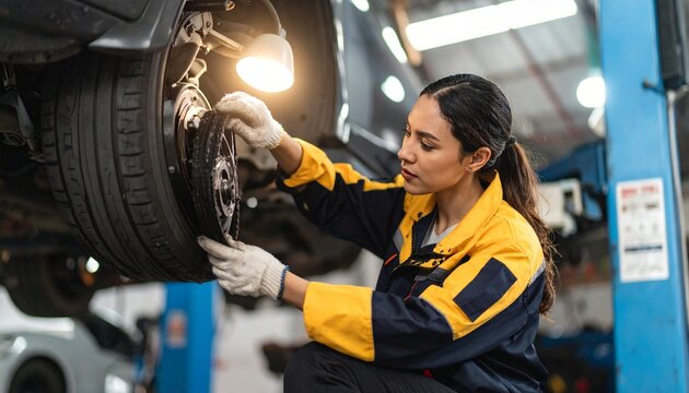 Skilled female auto mechanic in uniform meticulously inspecting a car's brake system on a lift in a service center